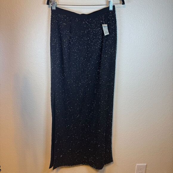 Vintage Cache Y2K 100% Silk Black Beaded Sparkly Maxi Skirt Slit Sz 10 Deadstock - Picture 3 of 8